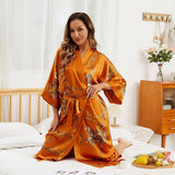 Womens Silk Robe Hand Painted Horse Print Silk Kimono Robes Orange One size fits most