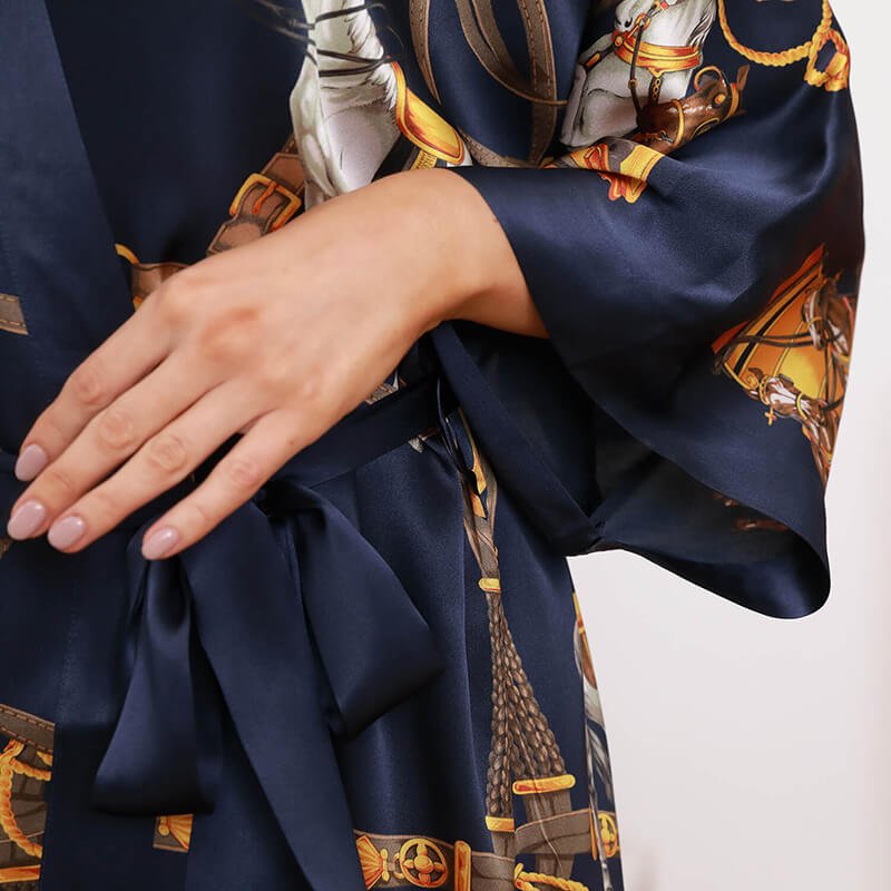 Womens Silk Robe Hand Painted Horse Print Silk Kimono Robes Navy Blue One size fits most