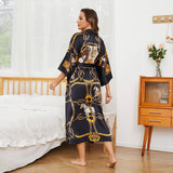 Womens Silk Robe Hand Painted Horse Print Silk Kimono Robes Navy Blue One size fits most