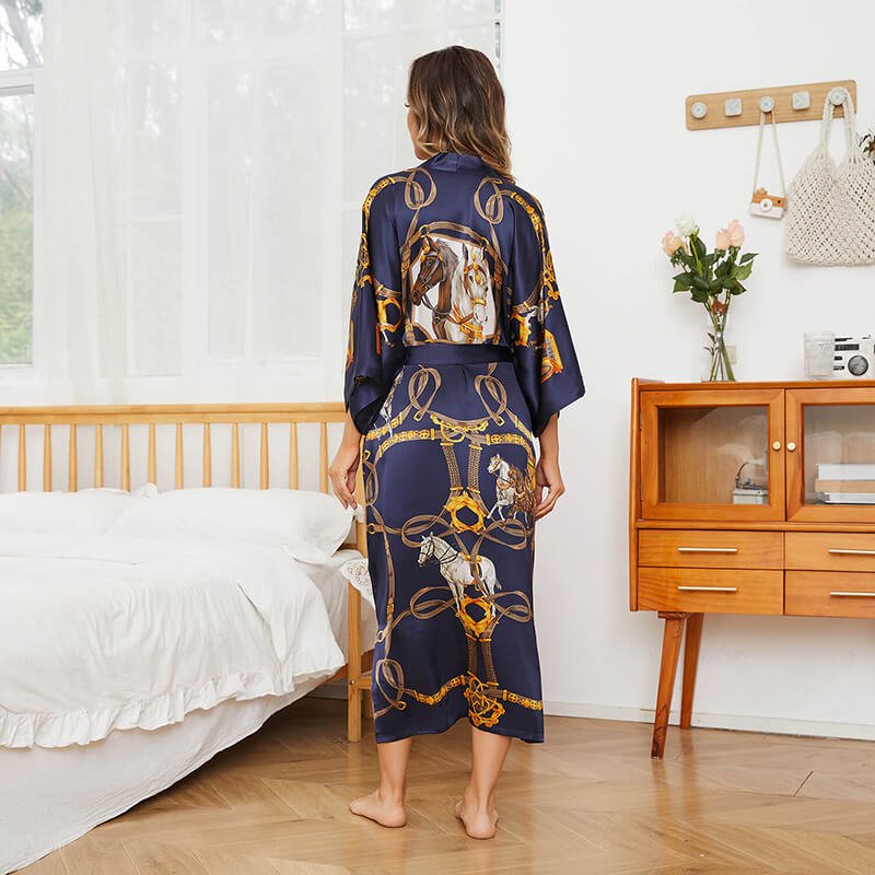 Womens Silk Robe Hand Painted Horse Print Silk Kimono Robes Navy Blue One size fits most