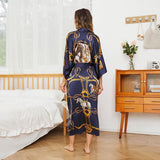 Womens Silk Robe Hand Painted Horse Print Silk Kimono Robes Navy Blue One size fits most