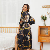 Womens Silk Robe Hand Painted Horse Print Silk Kimono Robes Navy Blue One size fits most