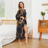 Womens Silk Robe Hand Painted Horse Print Silk Kimono Robes Navy Blue One size fits most