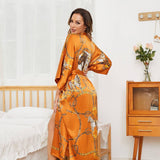 Womens Silk Robe Hand Painted Horse Print Silk Kimono Robes Orange One size fits most