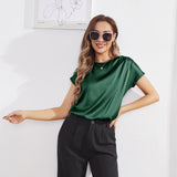 Womens Silk Tops Round Neck Short Sleeves Pure Silk Shirts
