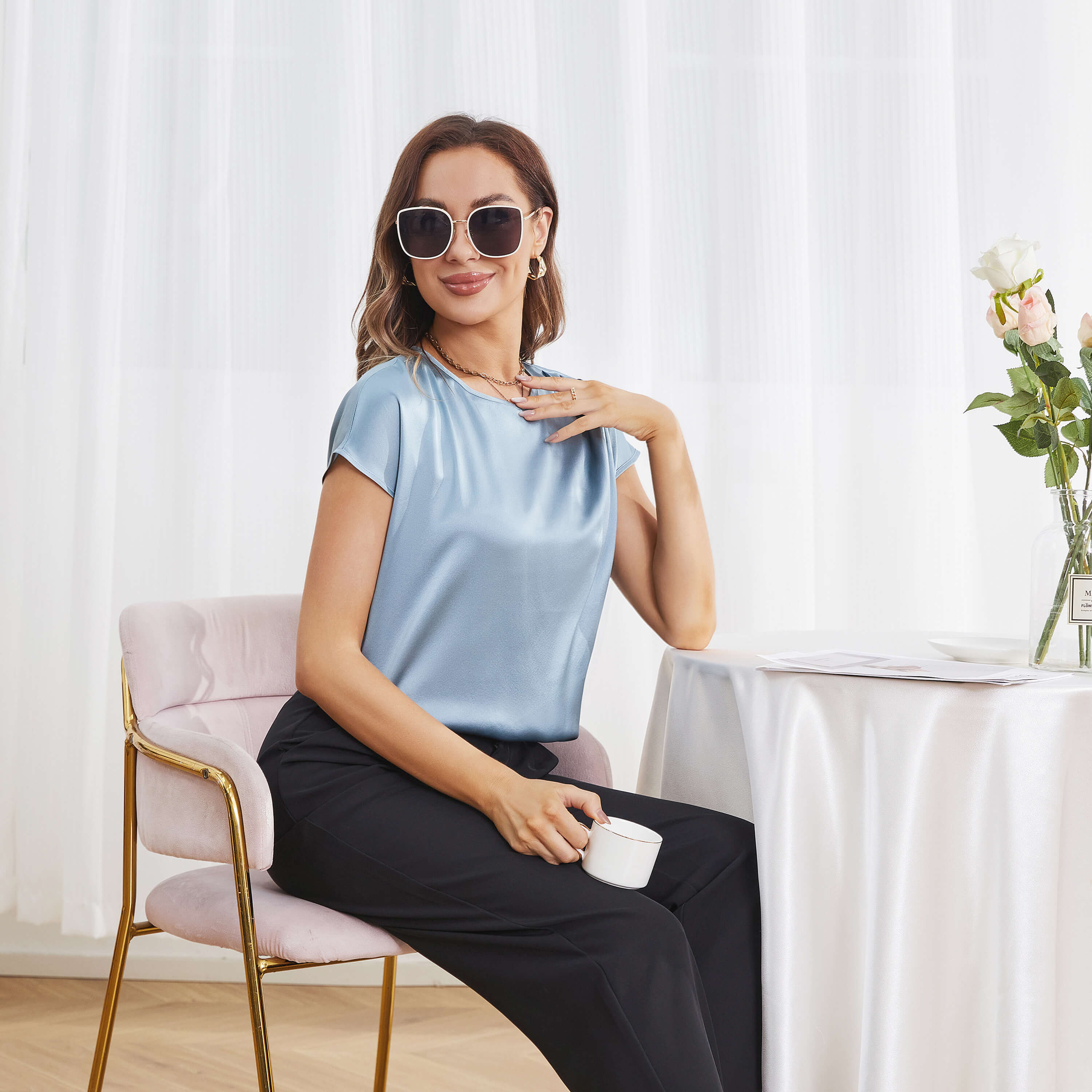 Womens Silk Tops Round Neck Short Sleeves Pure Silk Shirts