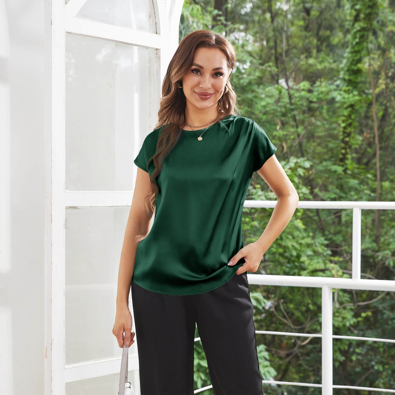 Womens Silk Tops Round Neck Short Sleeves Pure Silk Shirts