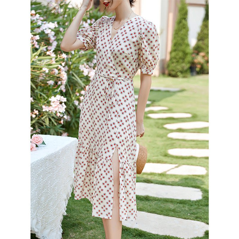 Womens Silk Wrap Midi Dress Puff Sleeve Front Slit Silk Dress