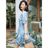 Womens Silk Wrap Mini Dress Puff Sleeve Floral Print Blue Silk Dress