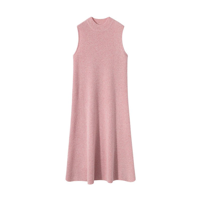 Womens Sleeveless Cashmere Dress Mock Neck Cashmere Knit Midi Dress Pink XS