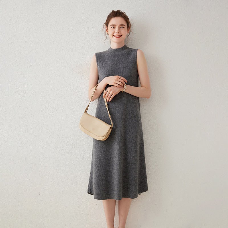 Womens Sleeveless Cashmere Dress Mock Neck Cashmere Knit Midi Dress Gray XS