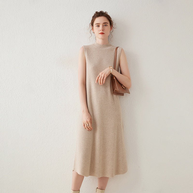 Womens Sleeveless Cashmere Dress Mock Neck Cashmere Knit Midi Dress Beige XS