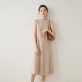 Womens Sleeveless Cashmere Dress Mock Neck Cashmere Knit Midi Dress Beige XS