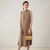 Womens Sleeveless Cashmere Dress Mock Neck Cashmere Knit Midi Dress Taupe XS