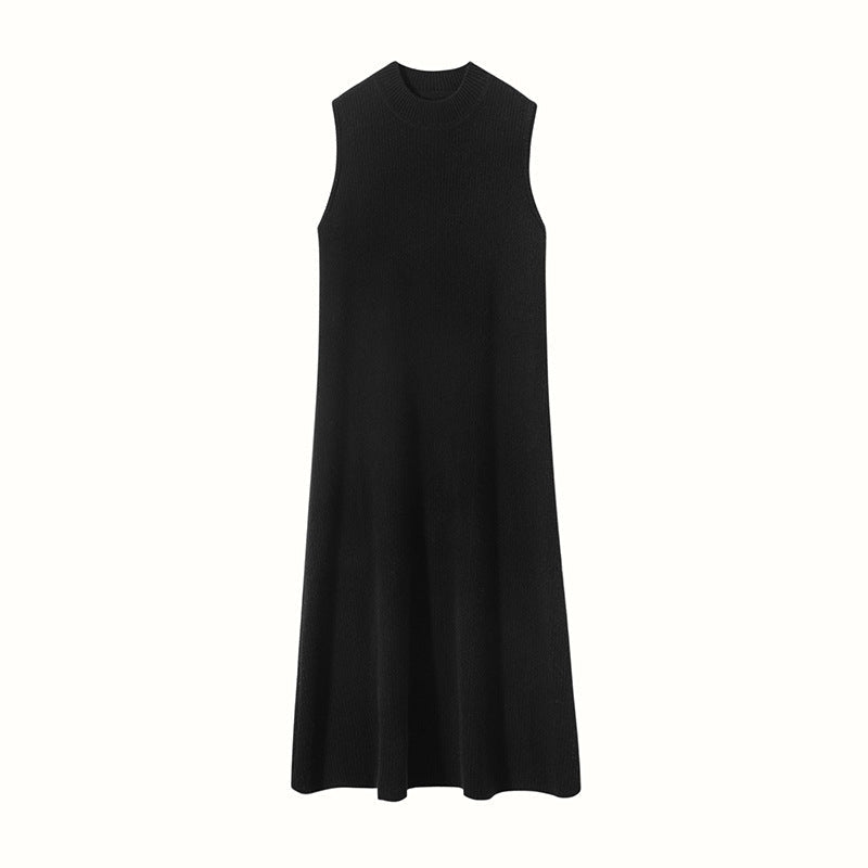 Womens Sleeveless Cashmere Dress Mock Neck Cashmere Knit Midi Dress Black XS