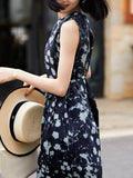 Womens Sleeveless Silk Midi Dress Abstract Floral Print Long Silk Dress
