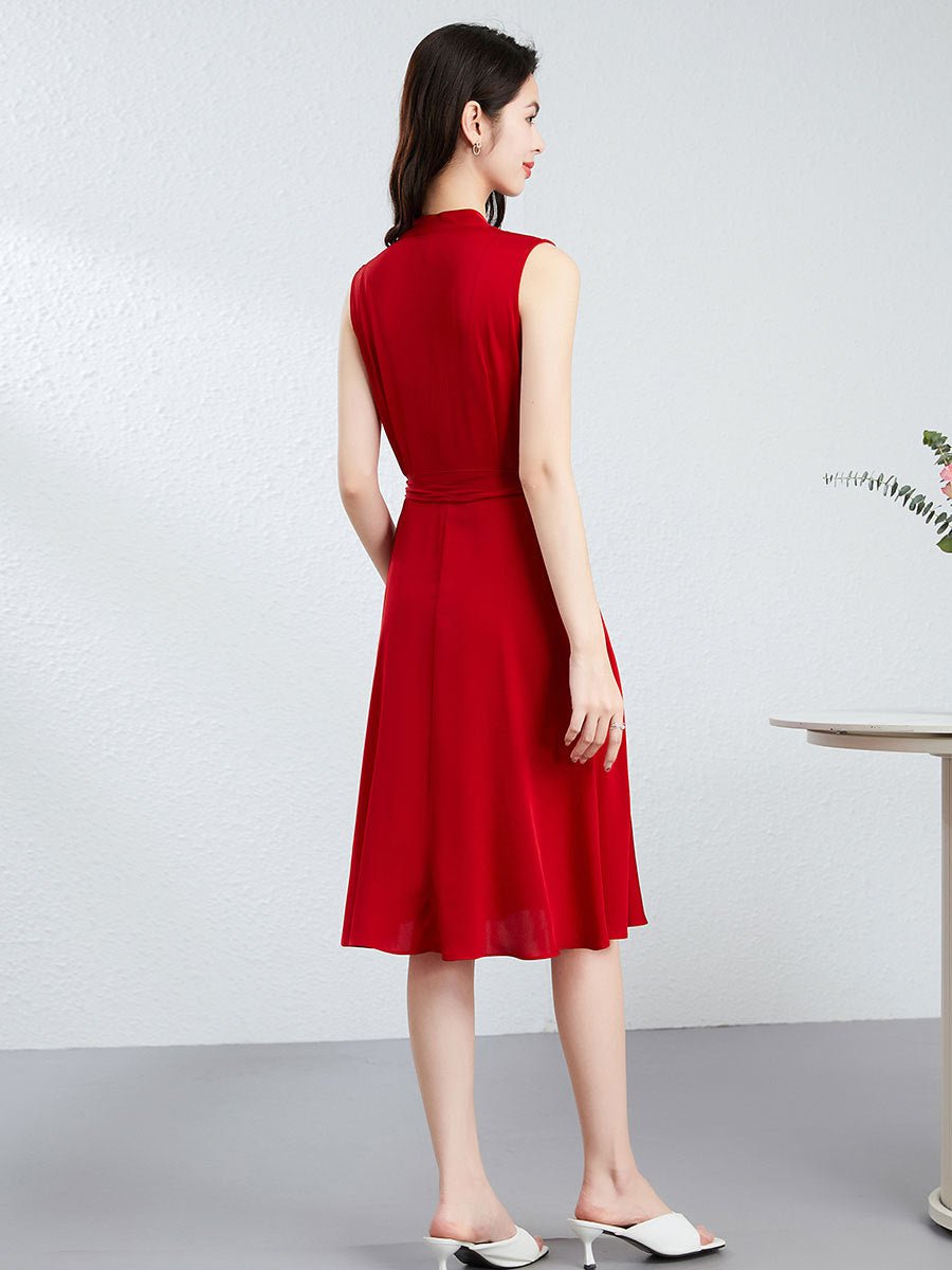 Womens Sleeveless Silk Midi Dress V Neck Silk Wrap Dress with Waist Tie Red XS