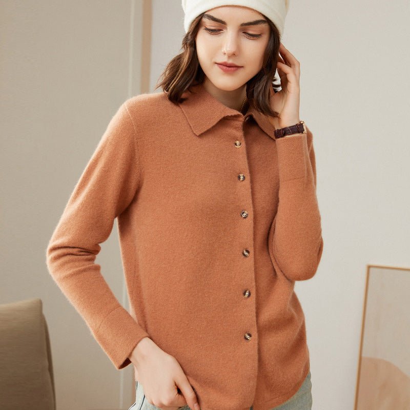Womens Classic Button - Up Lapel Neck Cashmere Cardigan Ribbed Cuffs
