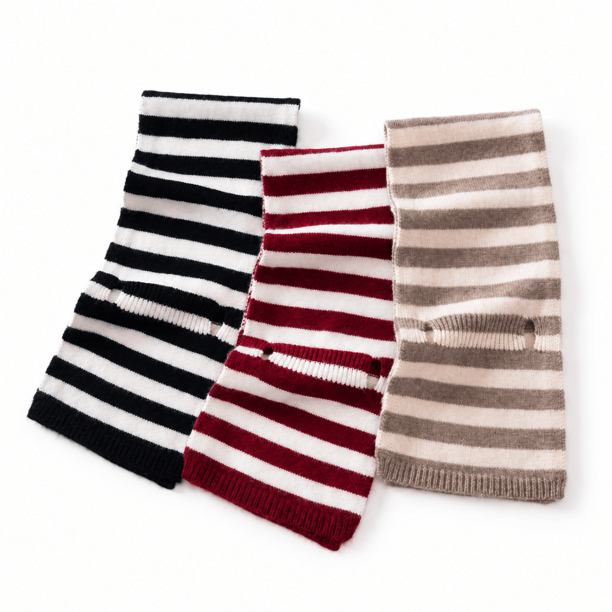 Womens Striped Cashmere Scarf Cashmere Neck Warmer Ribbed Hem Soft Bow Knot Taupe M