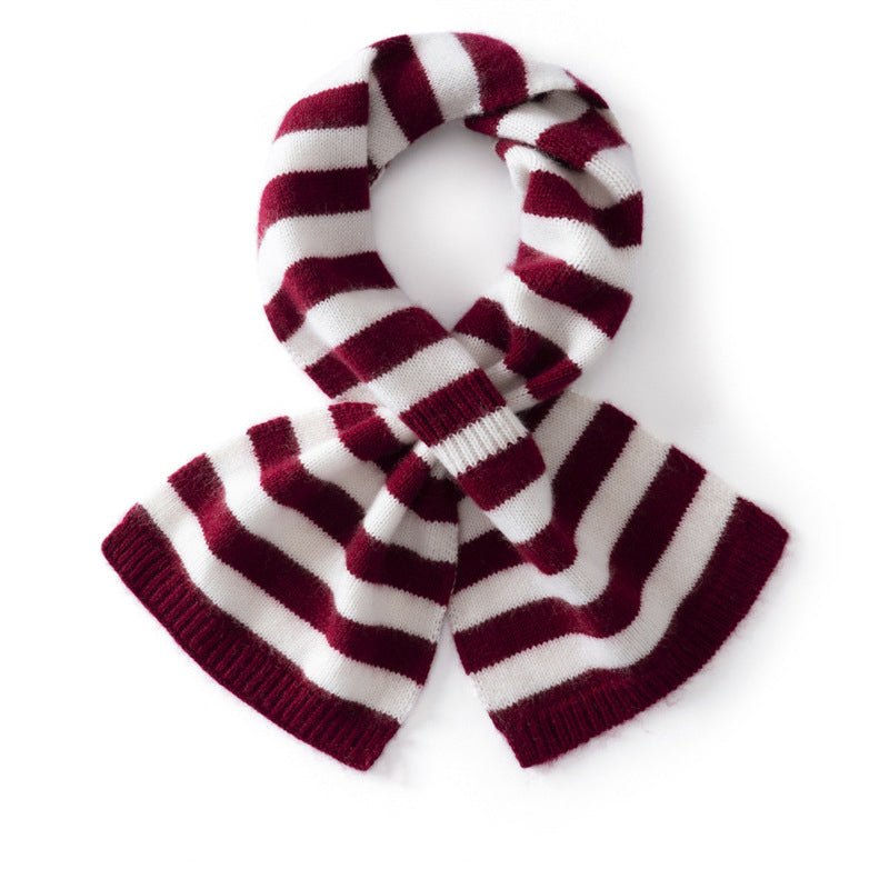 Womens Striped Cashmere Scarf Cashmere Neck Warmer Ribbed Hem Soft Bow Knot Angora Red M