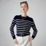 Womens Striped Cashmere Sweater Crew Neck Cashmere Jumper Pullover