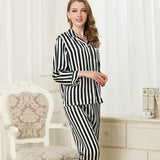 Womens Striped Long Sleeve Silk Pajamas Set
