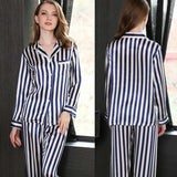 Womens Striped Long Sleeve Silk Pajamas Set