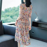 Women's Summer Silk Floral Print Dress V Neck Silk Casual Dresses