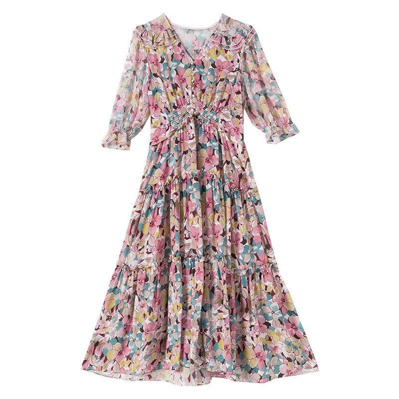 Women's Summer Silk Floral Print Dress V Neck Silk Casual Dresses