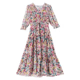 Women's Summer Silk Floral Print Dress V Neck Silk Casual Dresses