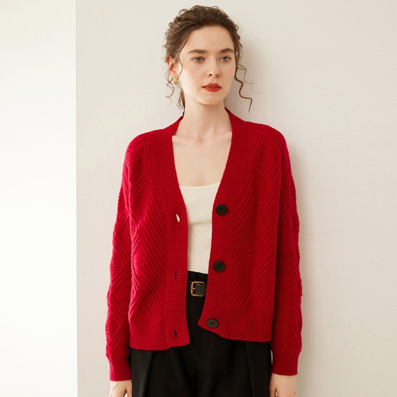 Womens Textured Cashmere Sweater V Neck Cashmere Button Cardigan Claret XS