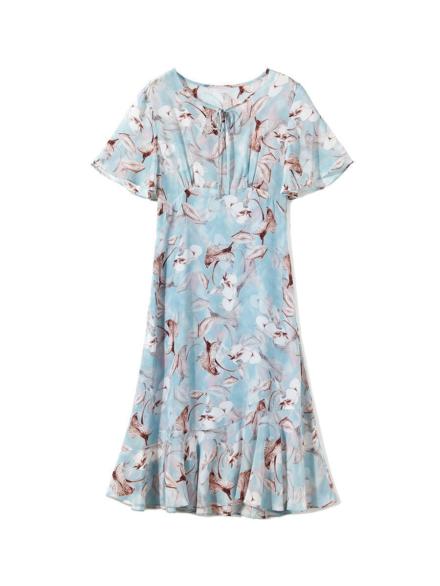 Womens Tie Neck Silk Floral Dress Silk Midi Dress with Flutter Sleeves