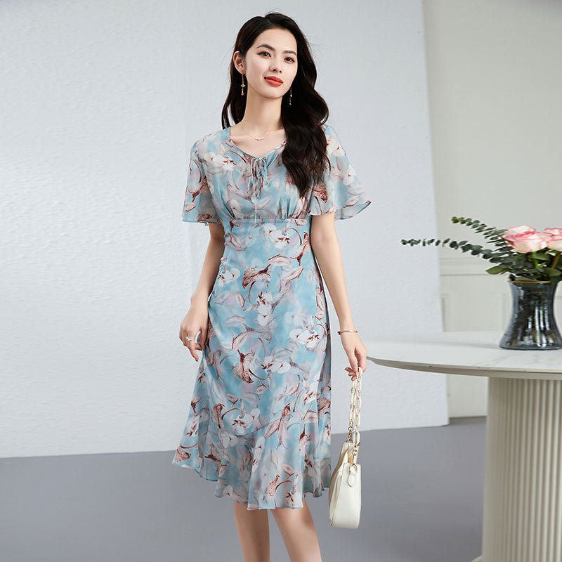 Womens Tie Neck Silk Floral Dress Silk Midi Dress with Flutter Sleeves