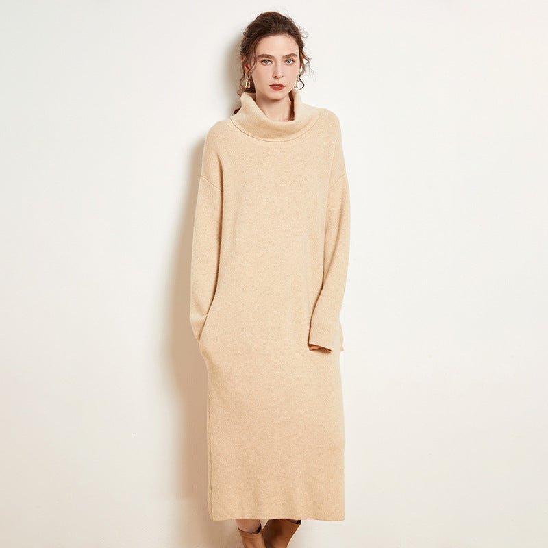 Womens Cashmere Knit Midi Dress Long Sleeve Cowl Neck Turtleneck Dress
