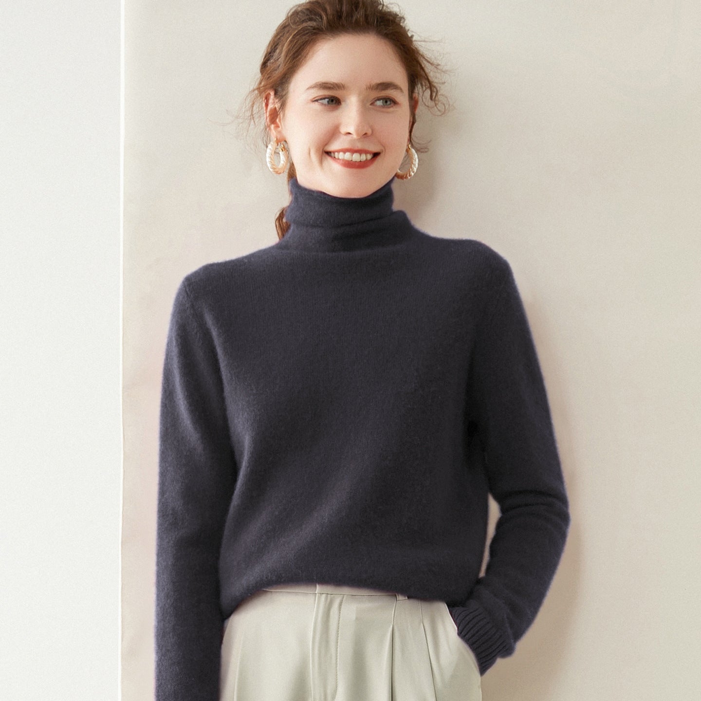 Womens Turtleneck Cashmere Sweater Long Sleeve Cashmere Pullover Rib Hem Dark Gray XS