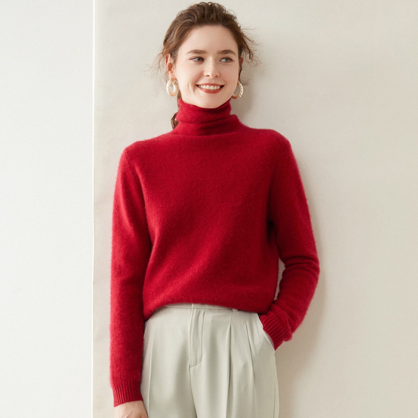 Womens Turtleneck Cashmere Sweater Long Sleeve Cashmere Pullover Rib Hem Claret XS