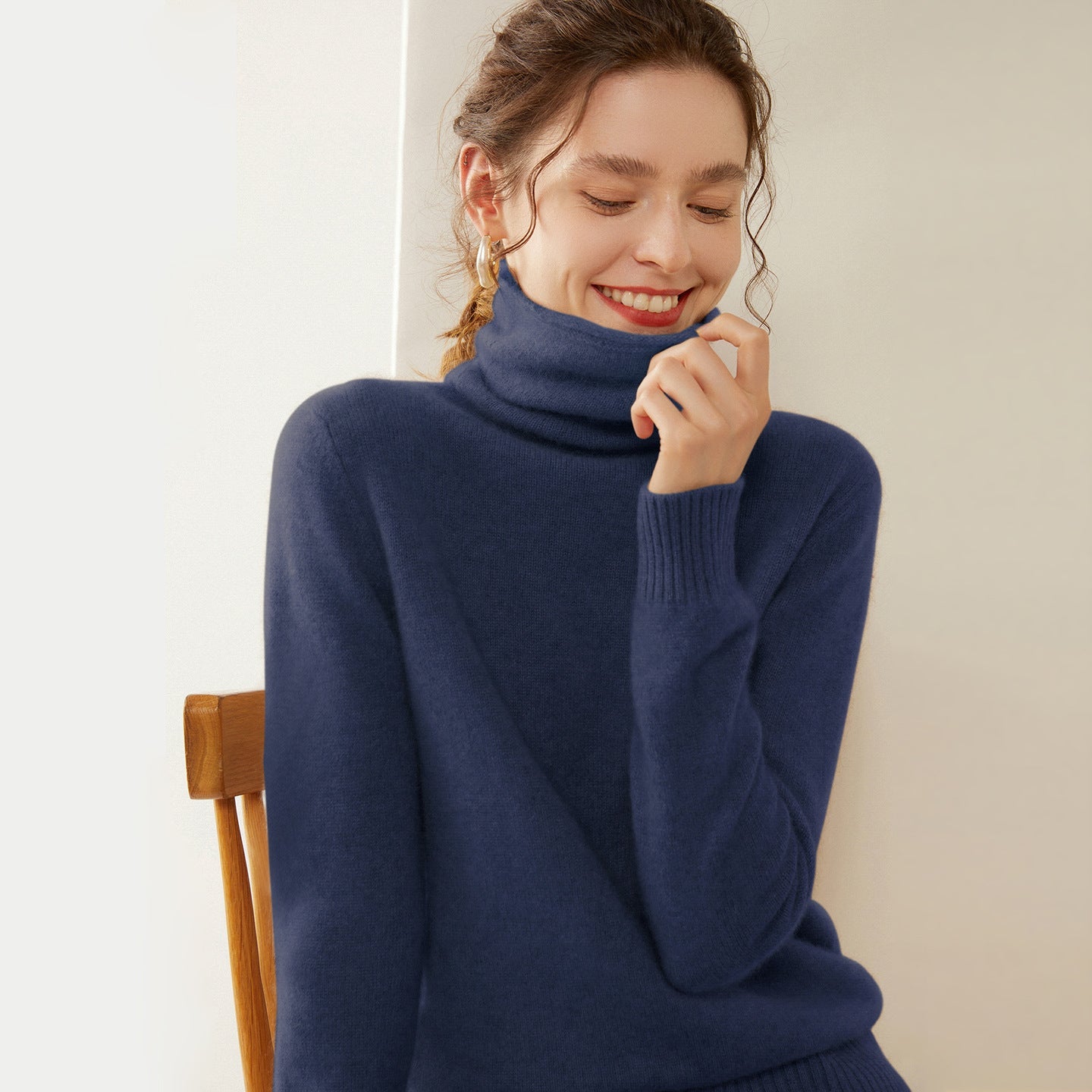 Womens Turtleneck Cashmere Sweater Long Sleeve Cashmere Pullover Rib Hem Navy Blue XS