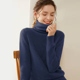Womens Turtleneck Cashmere Sweater Long Sleeve Cashmere Pullover Rib Hem Navy Blue XS