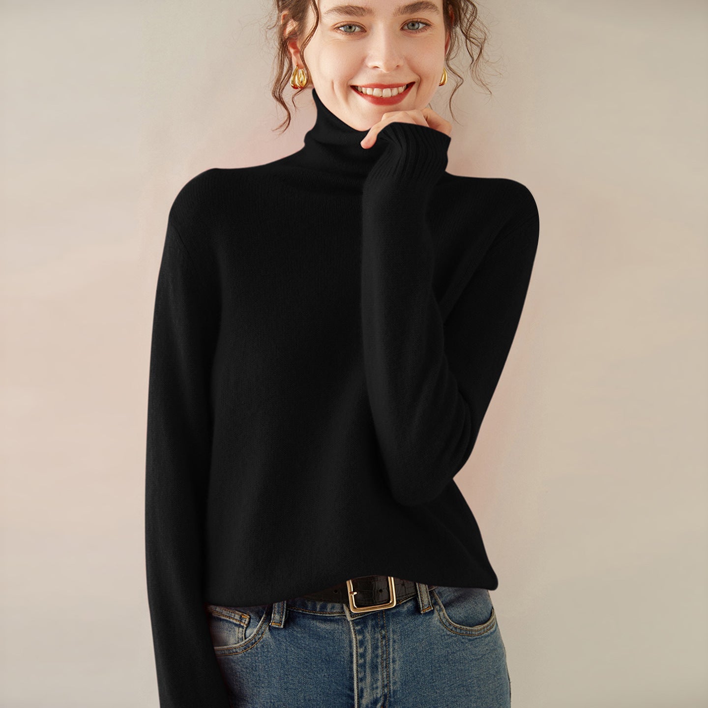 Womens Turtleneck Cashmere Sweater Long Sleeve Cashmere Pullover Rib Hem Black XS