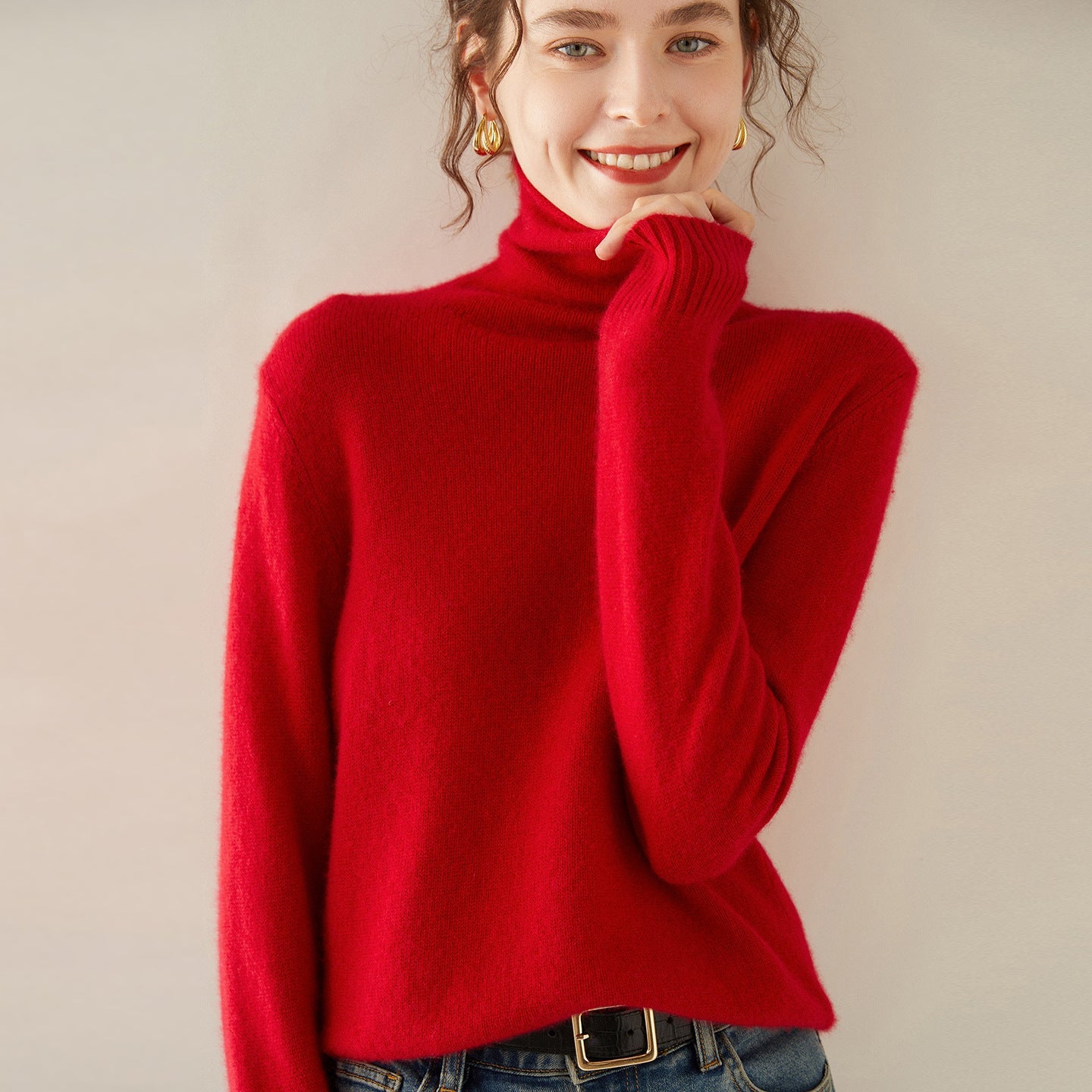 Womens Turtleneck Cashmere Sweater Long Sleeve Cashmere Pullover Rib Hem Red XS