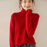 Womens Turtleneck Cashmere Sweater Long Sleeve Cashmere Pullover Rib Hem Red XS