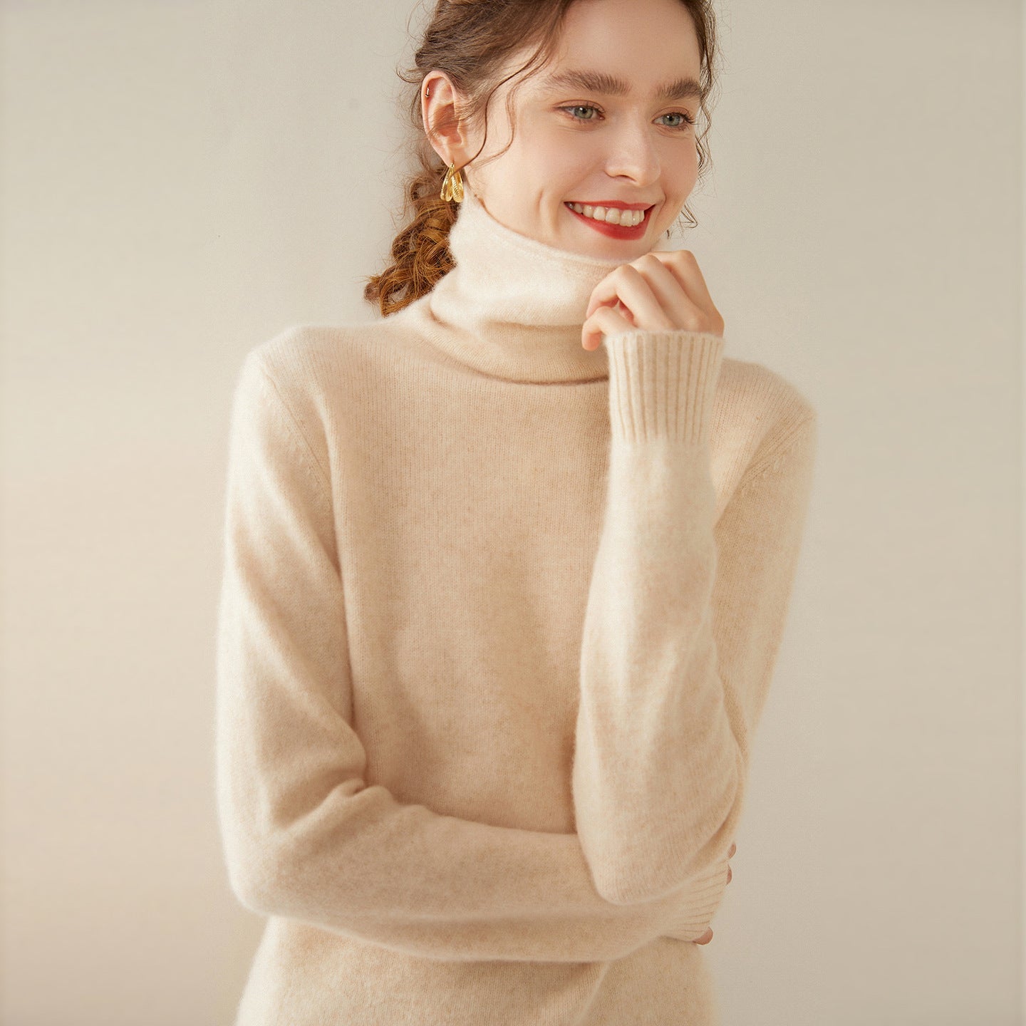 Womens Turtleneck Cashmere Sweater Long Sleeve Cashmere Pullover Rib Hem Beige XS