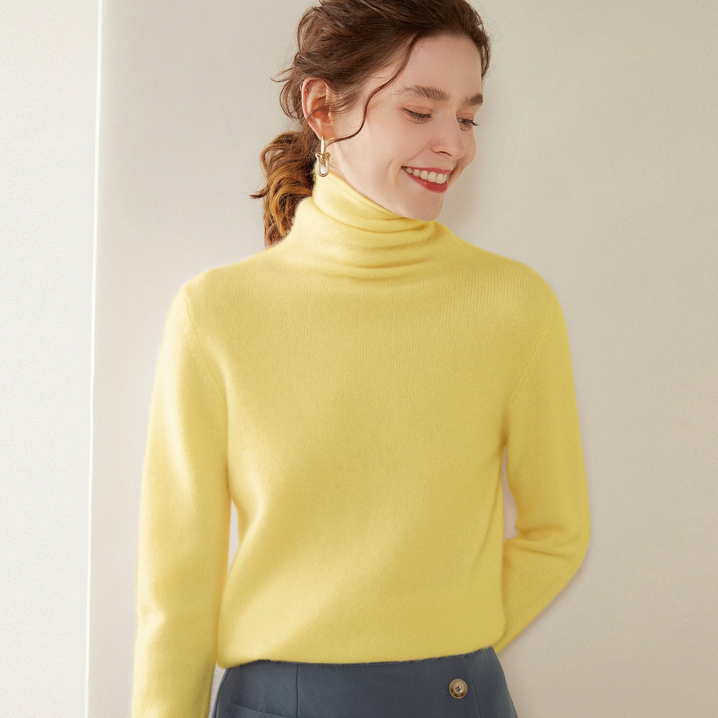 Womens Turtleneck Cashmere Sweater Long Sleeve Cashmere Pullover Rib Hem Yellow XS