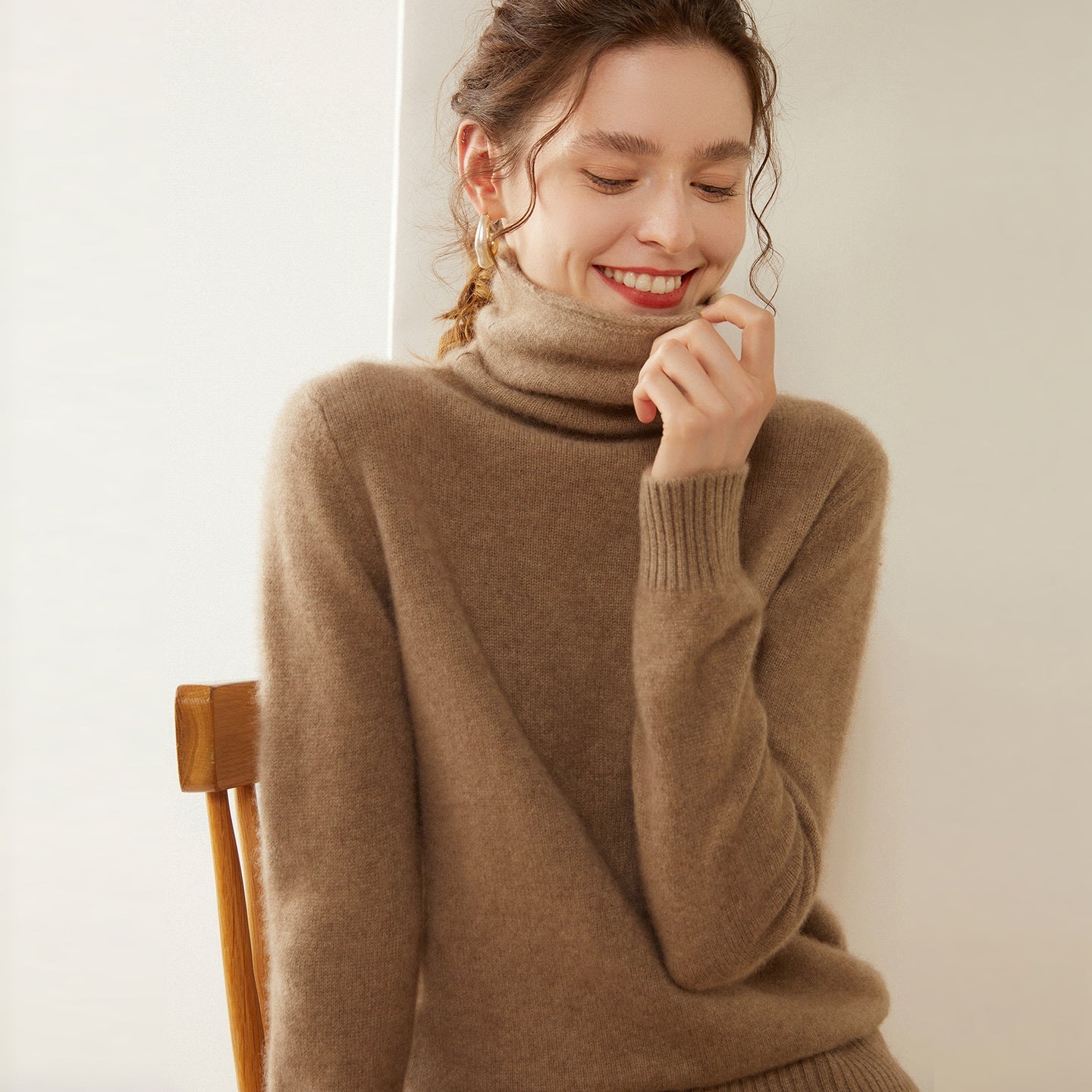 Womens Turtleneck Cashmere Sweater Long Sleeve Cashmere Pullover Rib Hem Taupe XS