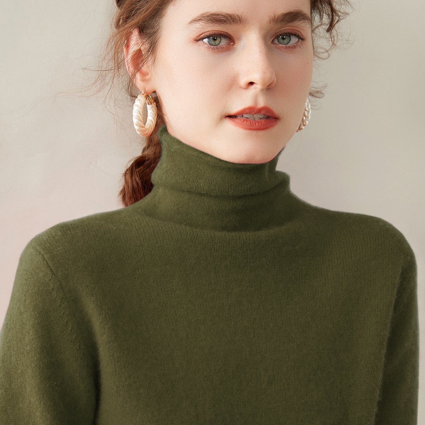 Womens Turtleneck Cashmere Sweater Long Sleeve Cashmere Pullover Rib Hem Olive Green XS