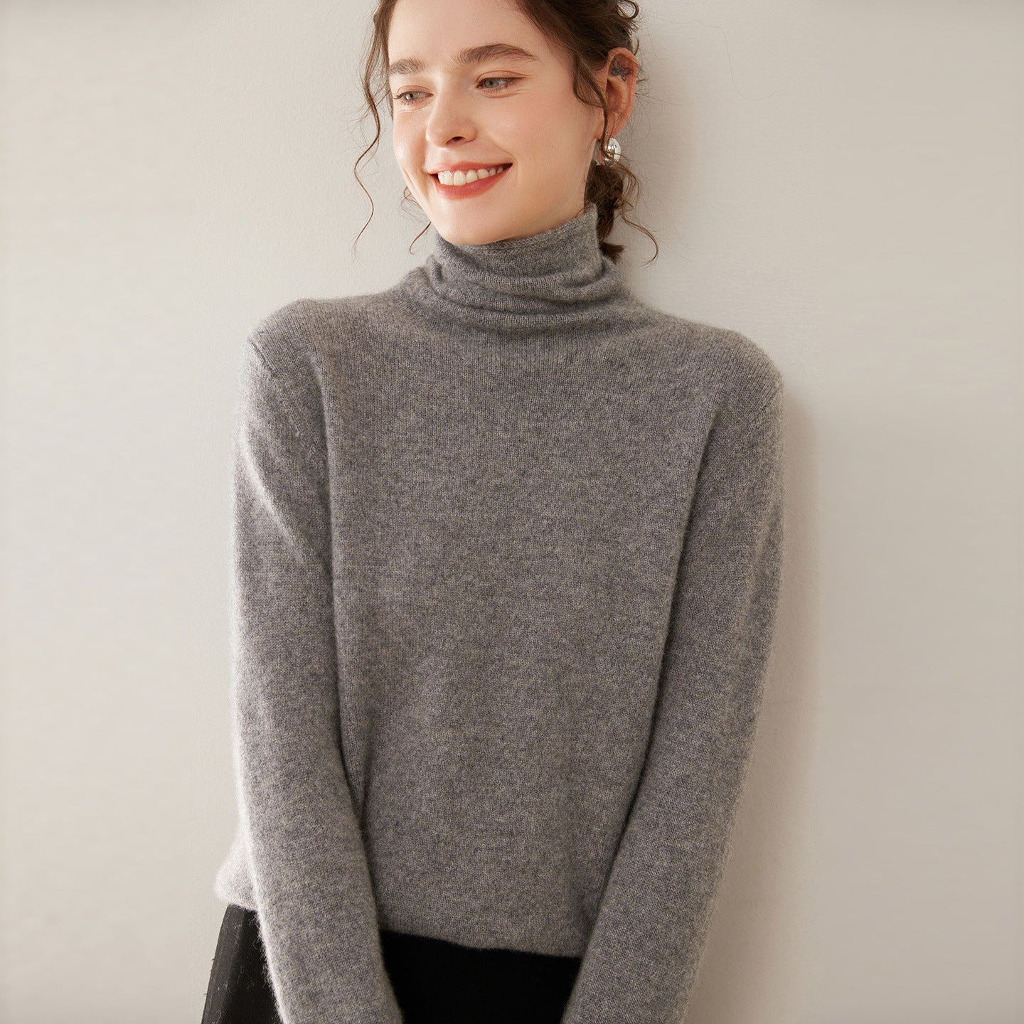 Womens Turtleneck Cashmere Sweater Long Sleeve Cashmere Pullover Rib Hem Gray XS