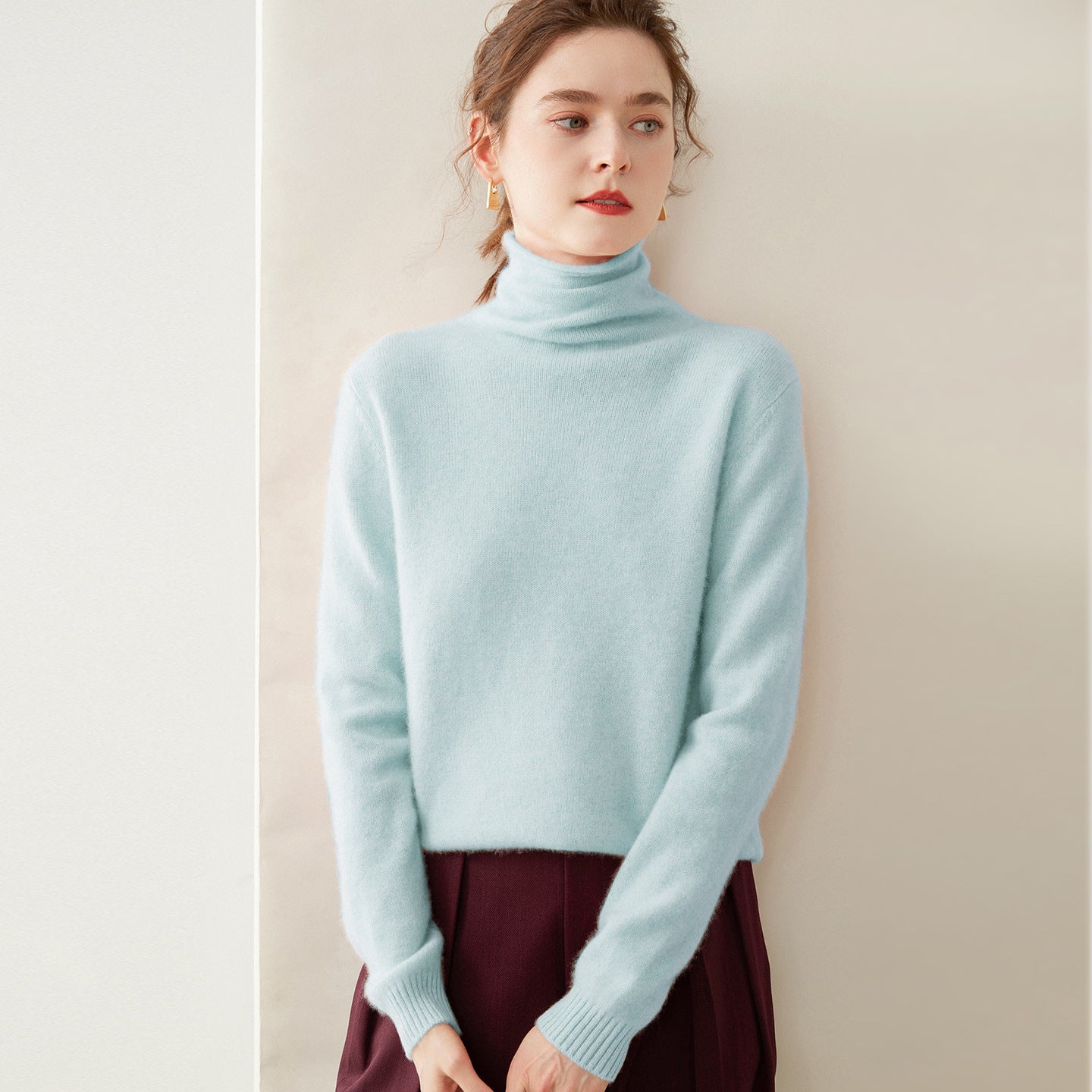 Womens Turtleneck Cashmere Sweater Long Sleeve Cashmere Pullover Rib Hem Light Blue XS
