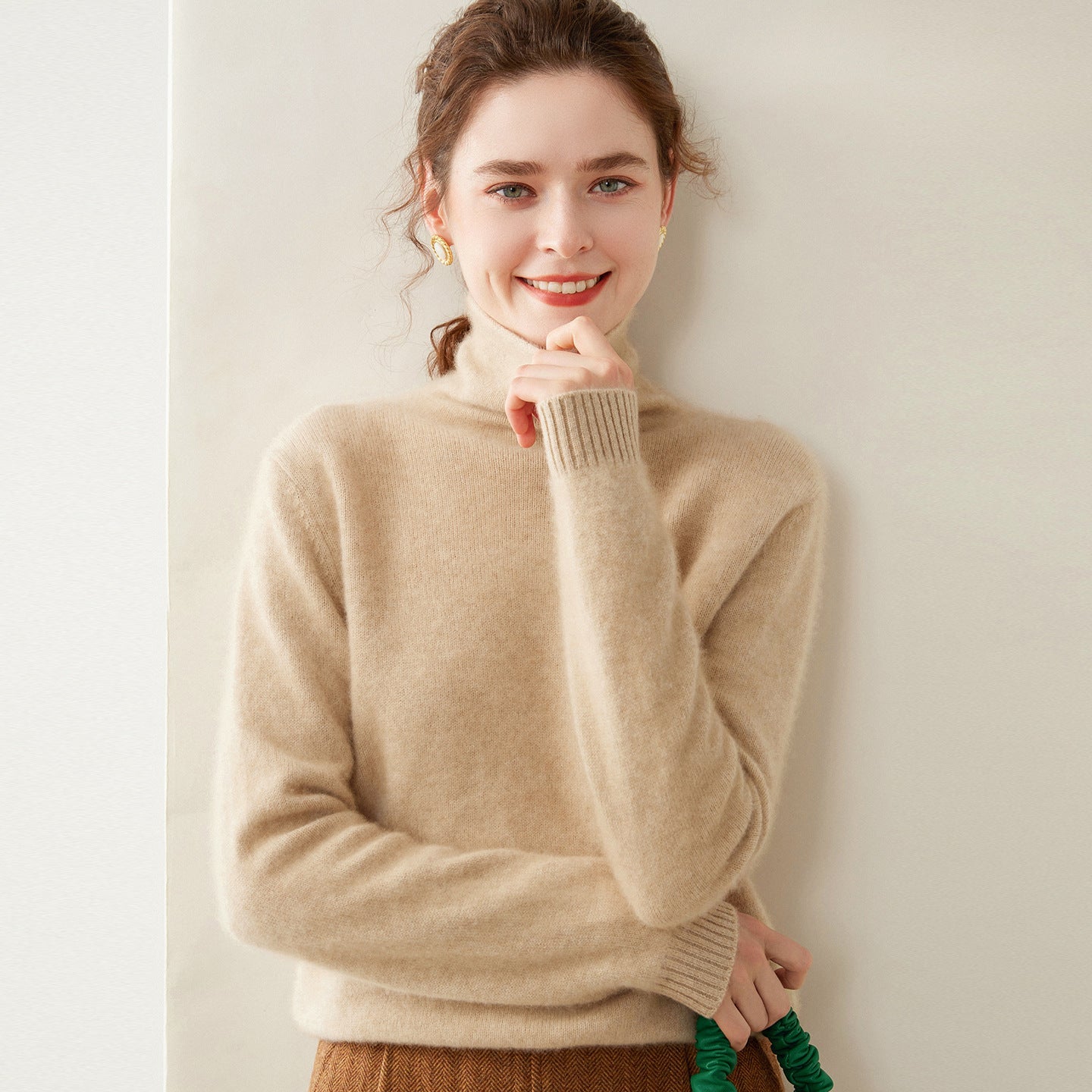 Womens Turtleneck Cashmere Sweater Long Sleeve Cashmere Pullover Rib Hem Gold Camel XS