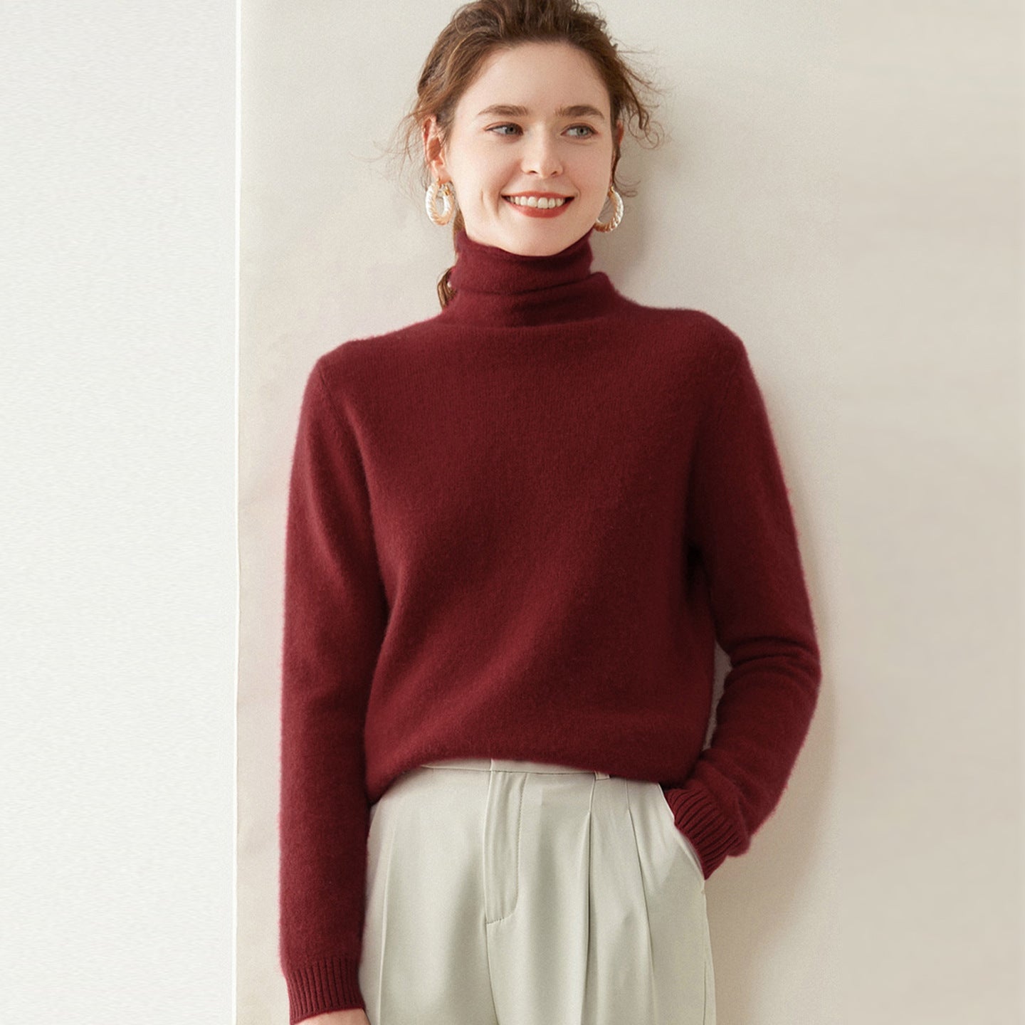 Womens Turtleneck Cashmere Sweater Long Sleeve Cashmere Pullover Rib Hem Angora Red XS