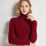 Womens Turtleneck Cashmere Sweater Ribbed Knit Cashmere Pullover Top Claret XS